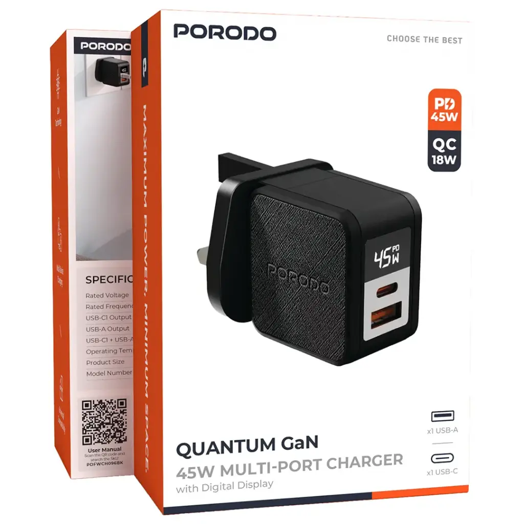 Porodo Quantum GaN 100W Multi-Port Charger with Digital Display