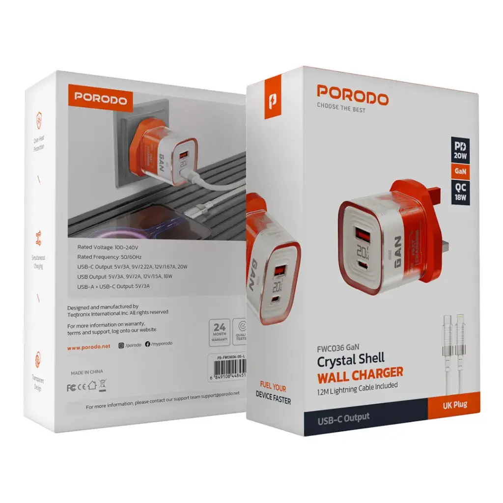 Porodo Crystal Shell GaN Wall Charger with 1.2m USB-C Cable Included