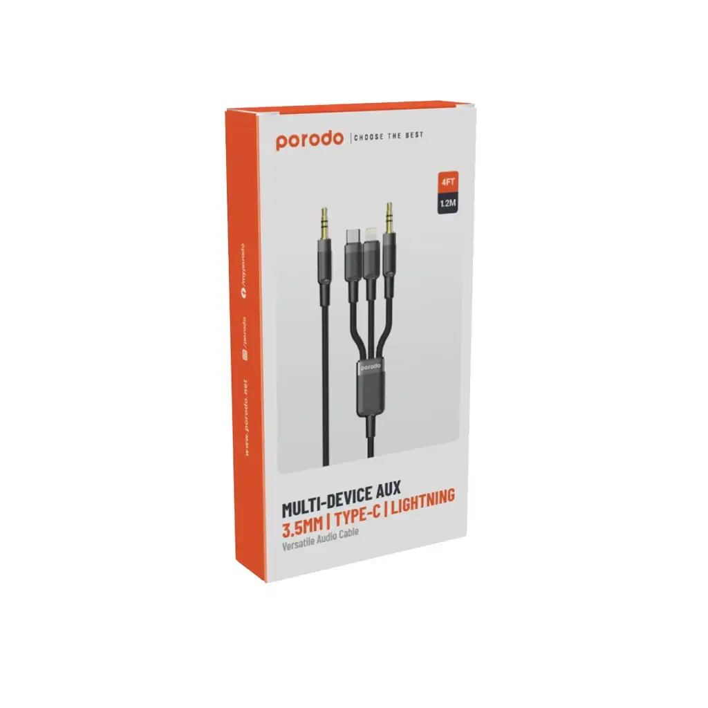 Porodo Multi-Device AUX 3.5mm / Type-C / Lightning Cable 4ft / 1.2m
