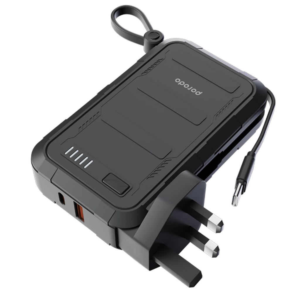 Porodo 10000mAh Wall Charger Power Bank with Type-C, USB-A, Type-C 20W & Lightning 10W Cable (UK Plug)