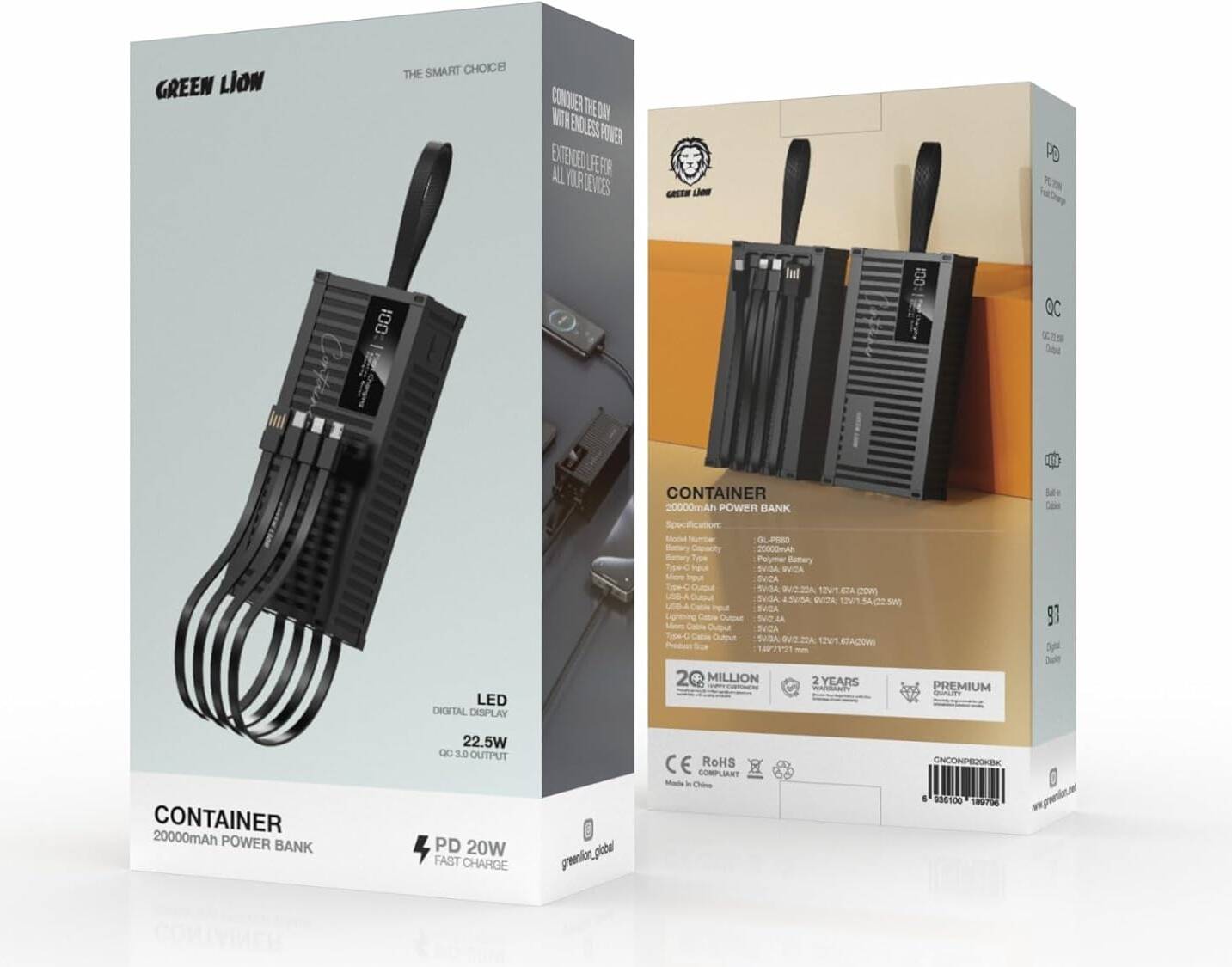 Green Lion Container Внешний аккумулятор 20000mAh PD 20W с Кабелем 4 в 1