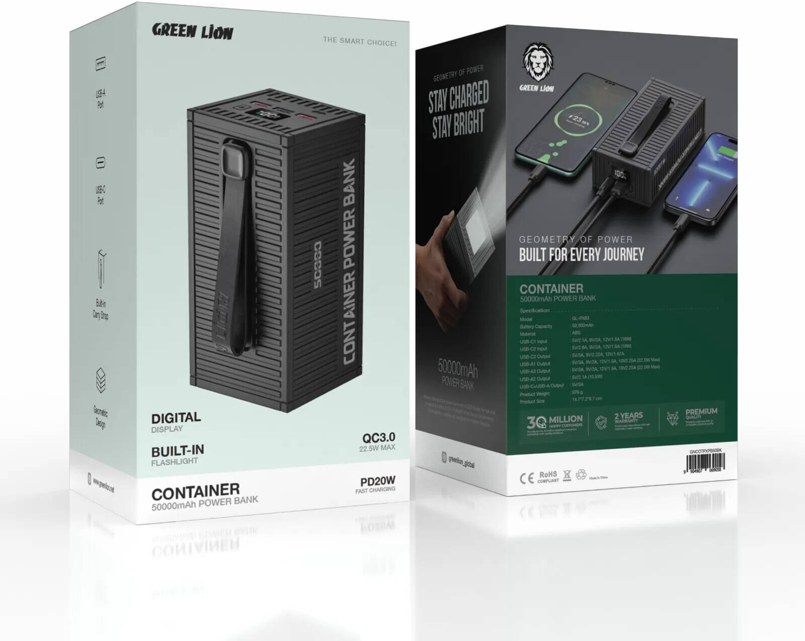 Green Lion Container Внешний аккумулятор 50000mAh PD 20W с Кабелем 4 в 1